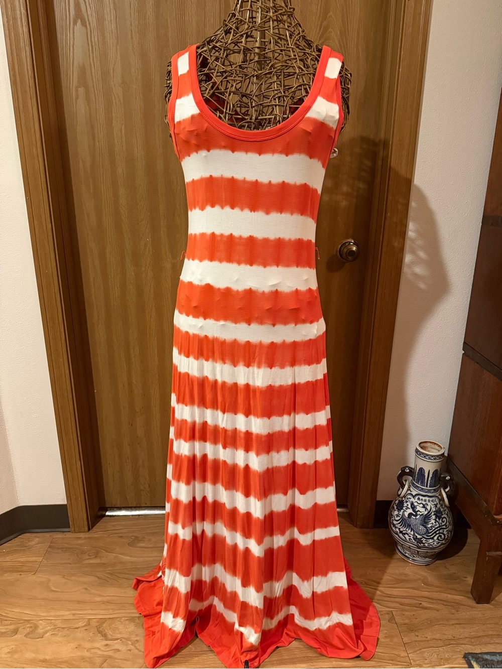 Calvin Klein Orange and White Striped Sleeveless Maxi Dress
